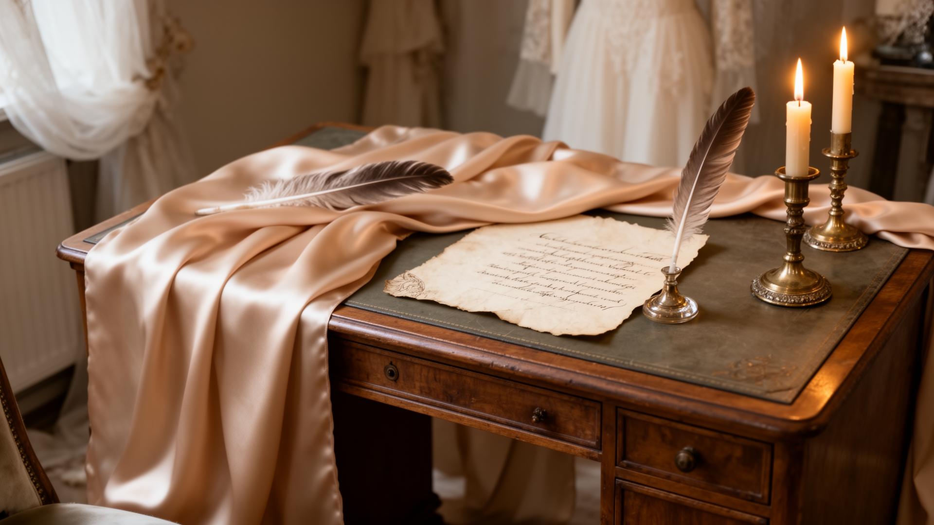 Elegant atelier workspace with silk fabric draped over writing desk